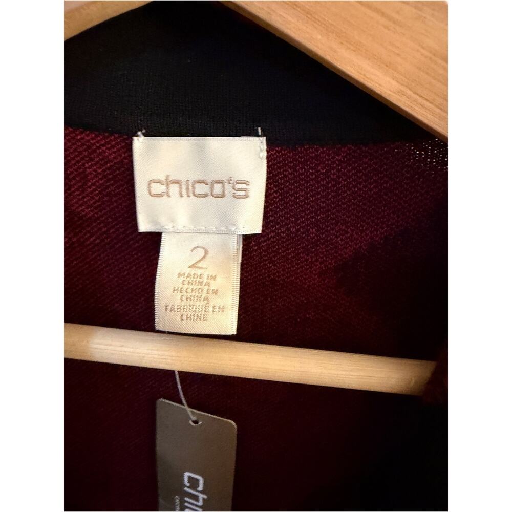 Chico's Open-Front Black Cardigan with Wine Red Patterned Accents 2 NWT - Picture 3 of 10